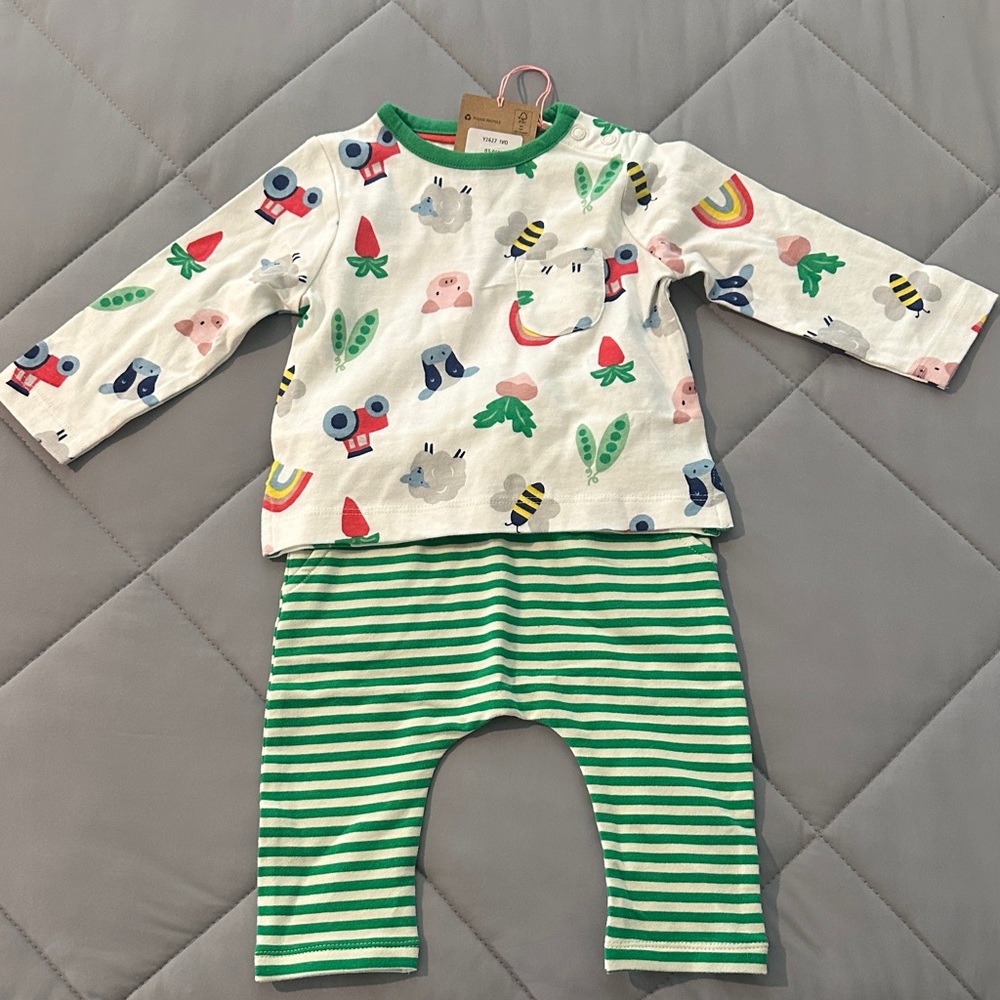 Baby Boden Whimsical Print and Green Stripes Set